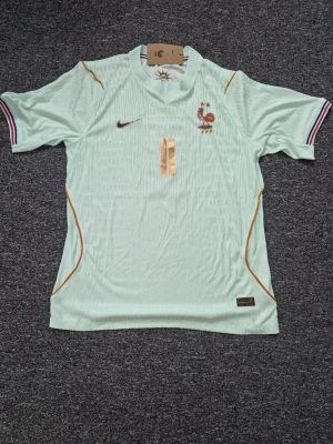 Frankrike fotbollströja Nike ljusgrön - Snygg ljusgrön Frankrike fotbollströja från Nike med guldiga detaljer och nummer 11. Tröjan har broderad tupp-logga, Nike Swoosh och randiga muddar i blått, vitt och rött. Tillverkad i lätt och ventilerande material, perfekt för träning eller match.