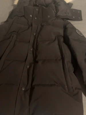 Svart dunjacka med pälskant - Säljer en svart dunjacka från Canada Goose med avtagbar huva och pälskant. Jackan har stora fickor, patch på ärmen och stängs med både dragkedja och knappar. Perfekt för kalla vinterdagar och riktigt varm. Äkta päls