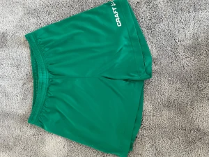 Gröna sportshorts från Craft - Snygga gröna sportshorts från Craft i lätt och snabbtorkande material. Shortsen har resår i midjan med justerbar dragsko och logga tryckt i vitt på ena benet. Perfekta för träning eller gymmet.