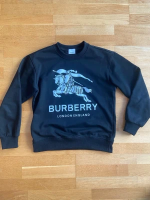 Svart sweatshirt från Burberry - Cool svart sweatshirt från Burberry med stort tryck av riddare och texten 'BURBERRY LONDON ENGLAND' på bröstet. Tröjan har rund hals, ribbade muddar och är tillverkad i mjukt material. Perfekt för en trendig och avslappnad stil.