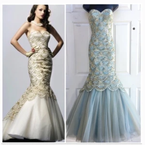 Sherry Hill - Mermaid dress - Sherry Hill afton/ balklänning som använts 1 gång. Figursydd med paljetter. Jag har den i guld som på första bilden (den i färgen blå är lånad bild). Amerikansk storlek 0 (32-34). Jag har storlek 34 och den satt perfekt på.