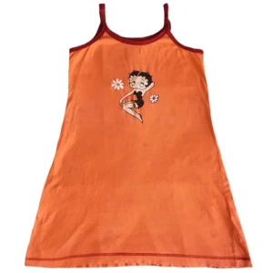 Vintage Betty Boop minidress/ miniklänning/ sommarklänning, y2k/ cyber/ alt/ 2000s/ 2000tal/ 00tal - Supersnygg unik orange Betty Boop miniklänning från 2006! (Obs! Liten fläck finns i fram, Ena remmen är sönder/ är ihopknuten men går lätt att laga, går ändå att använda)