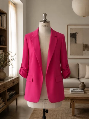 Fuchsia kavaj med upprullade ärmar - Stilren fuchsia kavaj med upprullade ärmar och knappdetaljer. Klassisk passform med spetsiga slag och två framfickor. Perfekt för dig som vill sticka ut med färg. Materialet ser ut att vara mjukt och följsamt, troligen polyester eller bomullsblandning.