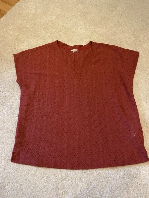 Rostbrun topp med broderade detaljer - Säljer en rostbrun topp från Cellbes med v-ringning och korta ärmar. Tyget har broderade hålmönster som ger en snygg struktur och luftig känsla. Perfekt till jeans eller kjol för en avslappnad look.