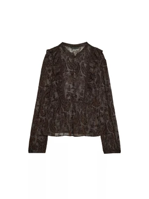 Brun paisleymönstrad blus - Säljer en brun blus från Zara med paisleymönster och volangdetaljer på axlarna. Blusen har rund halsringning och långa ärmar. Materialet är lätt och luftigt, så snygg till en middag eller liknande🫶🏼knappt använd