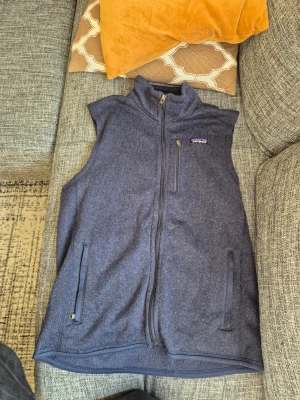 Blå fleeceväst från Patagonia - Säljer en blå fleeceväst från Patagonia med hög krage och hel dragkedja. Västen har två sidofickor med dragkedja och en bröstficka med dragkedja. Perfekt för lager-på-lager och outdoor-aktiviteter.