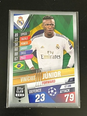 Topps Match Attax fotbollskort Real Madrid - Samlarfotbollskort från Topps Match Attax med Real Madrid-tema. Kortet visar en spelare Vinicius JR i vit matchtröja med klubbmärke och brasiliansk flagga, samt färgglada statistikfält och text. Baksidan har Champions League-logga och Real Madrid C.F.