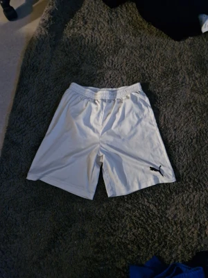 Vita shorts från Puma med logga - Säljer ett par vita shorts från Puma med elastisk midja och svart Puma-logga på vänster ben. Klassisk sportig look och bekväm passform, perfekta för träning eller chill. Materialet känns lätt och andas bra.