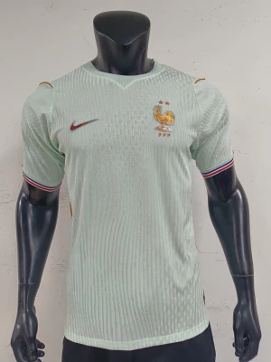 Frankrike Nike fotbollströja ljusgrön - Snygg ljusgrön fotbollströja från Nike med Frankrikes landslagsemblem och två stjärnor på bröstet. Tröjan har korta ärmar, rund hals och diskreta mönster i tyget. Ärmsluten har ränder i blått, vitt och rött. Perfekt för match eller träning.