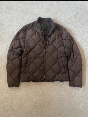 Brun quiltad pufferjacka från Morris - Säljer en brun pufferjacka från Morris med quiltat rutmönster och hög krage. Jackan har två snedställda fickor framtill, dragkedja och en patch på ärmen. Perfekt för kalla dagar och riktigt snygg till streetwear.