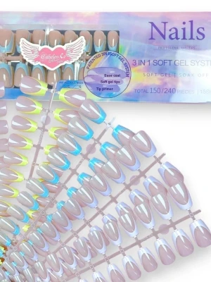 Lösnaglar soft gel press-on naglar - Snygga french lösnaglar press-on naglar i soft gel från cabelos.co . med trendiga färgade tippar i blått, gult, grönt och rosa. Naglarna har en naturlig nude bas och kommer 150st I 15 olika storlekar. Perfekt för dig som vill ha en cool och färgstark look utan att gå till salong.