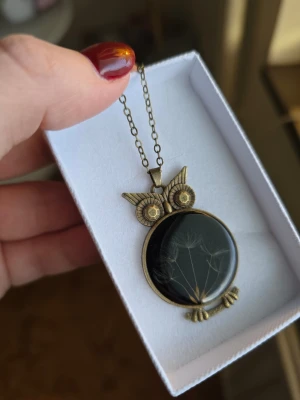 Ugglehalsband med maskrosfrö - Unikt halsband i form av en uggla med antikguldfärgad metall och ett svart runt hänge med inneslutna maskrosfrön. Kedjan är tunn och matchar ugglans färg. Perfekt för dig som gillar naturinspirerade smycken och detaljer.