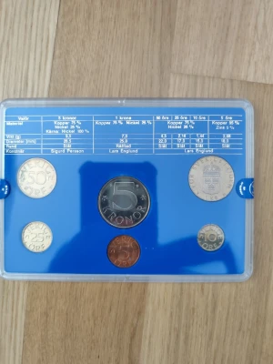 Svensk myntsamling 1982 i originaletui - Säljer en komplett svensk myntsamling från 1982 i blå originalförpackning från Myntverket. Setet innehåller fem olika myntvalörer i koppar, nickel och zink, snyggt presenterade med information om material och vikt. Perfekt för samlare eller som present.