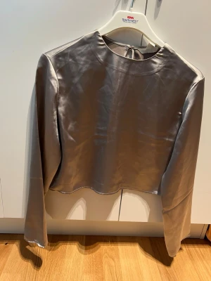 Silvrig satinblus med långa ärmar - Snygg silvrig satinblus med långärmad design och hög hals. Blusen har en croppad passform och släta, glansiga materialdetaljer som ger en lyxig känsla. Perfekt för dig som vill ha något stilrent och trendigt.