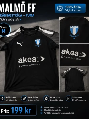 Malmö FF svart träningströja Puma - Svart träningströja från Puma med Malmö FF-logga på bröstet och vita detaljer på axlarna. Tröjan har rund hals, korta ärmar och tryckt sponsorlogga framtill. Tillverkad i lätt och andningsbart material, perfekt för träning eller som supporterplagg.