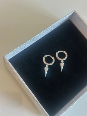 Silvriga hoops med spetsiga hängen - Säljer ett par silvriga örhängen i form av små hoops med gnistrande stenar och spetsiga hängen. Örhängena har en modern och edgy look, perfekta för att lyfta vilken outfit som helst. Kommer i en snygg ask, oklart vart dom är ifrån då jag fått dom!! Men har aldrig använt då jag är guld tjej!