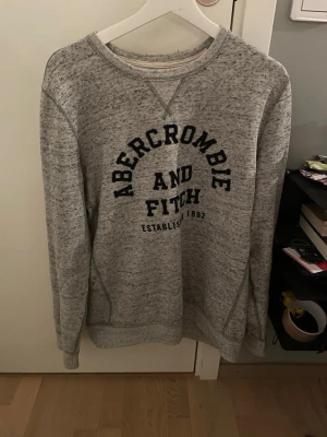 Grå sweatshirt Abercrombie & Fitch - Säljer en gråmelerad sweatshirt från Abercrombie & Fitch med svart tryck framtill. Tröjan har rund halsringning, långa ärmar och ribbade muddar vid ärmslut och nederkant.  Aldrig andvänd, Flytt på med prisförslag. 