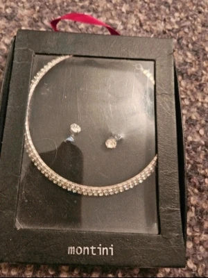 Glittrigt halsband & örhängen Montini - Snyggt halsband från Montini med gnistrande klara strasstenar i silverfärgad metall. Halsbandet har en elegant och enkel design som passar till många olika stilar. Perfekt accessoar för dig som vill ha något glittrigt och stilrent.