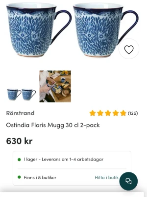 Rörstrand Ostindia Floris Mugg 2-pack - Fyra muggar från Rörstrand i serien Ostindia Floris NYA i kartong , rymmer 30 cl. Muggarna är vita med blått blommönster och har en klassisk form med rundad kropp och öra. Tillverkade i porslin, perfekta för kaffe eller te. Nypris 1260kr