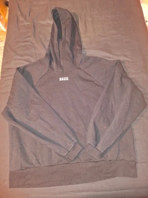Svart oversize hoodie - Svart oversize hoodie med liten text på framsidan, storlek XL. Använd några gånger.  Mått under armhålan: 63cm Ärmlängd: 48cm Axeln och nedåt: 64cm  För frågor skriv gärna!