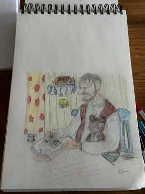 Pettson och Findus - Pettson och Findus målning/skiss med Winsor & Newton pennor. Efterliknad av ”Pettson och Findus löser korsord” med detaljer som kan urskilja något. Info: Målad på A4 papper men upptar ca halva pappret