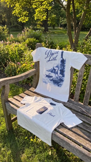 Vit t-shirt med blått tryck - Säljer en vit t-shirt med blått vintagemotiv och texten 'Dossi Lith' på bröstet. T-shirten har klassisk passform, rund hals och korta ärmar. Perfekt för dig som gillar stilrena plagg med unik print.