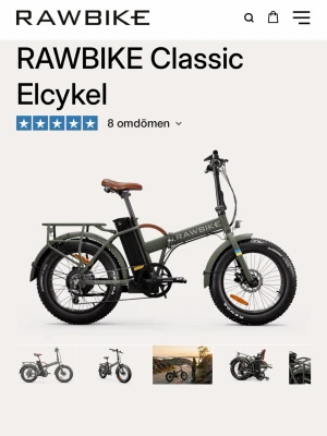 RAWBIKE Classic elcykel grön - RAWBIKE Classic elcykel i matt grön färg med robust ram, breda svarta däck och brunt sadel. Cykeln har en tydlig RAWBIKE-logga på ramen, pakethållare bak och skärmar. Elmotorn sitter centralt och batteriet är placerat under sadeln. Har haft den 4 månader och den är fortfarande sprillans ny köpte den för 11500 vill minst ha halva pengarna tbx den går å hämta i gävle