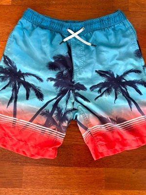 Badbyxor herr - Säljer ett par snygga badshorts med tropiskt palmtryck i blått, svart och rött. Shortsen har resår i midjan med vit dragsko och en bakficka med knapp. Perfekta för stranden eller poolen. Materialet känns som snabbtorkande polyester.