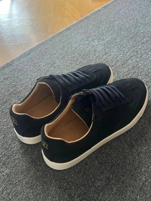 Marinblåa sneakers Brunello Cucuinelli - Stilrena marinblåa sneakers från Brunello Cucinelli i mocka med guldfärgad logga på hälen. Skorna har lågt skaft, blåa skosnören och beige insida. Perfekta för en clean och modern look.