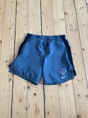 Grå dri fit Nike shorts med logga - Säljer ett par grå shorts från Nike med elastisk midja och en stor logga på vänster ben. Shortsen har en sportig look och är tillverkade i ett lätt syntetmaterial som passar perfekt för träning eller varma dagar.