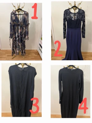 Klänningar  - 1. ASOS DESIGN – Marinblå, blommig midiklänning med panelsydda lager och spetskant. Pris 150kr   2. Club london klänning  Pris 300kr   3. MONKL klänning storlek S ,  jag tror klänningen ska passa storlek M också . Pris 115 kr   4. Boohoo klänning , helt ny , utan prislapp . Pris 100kr     Du kan hitta mer på min sida🌼