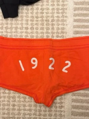 Orange shorts från Hollister med snörning - Säljer ett par orange shorts från Hollister med vita snören i midjan och tryckt logga samt texten '1922' på baksidan. Shortsen har en låg midja och är tillverkade i mjuk bomull, perfekta för en avslappnad stil.