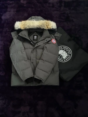 Grå dunjacka  - Säljer en grå dunjacka från Canada Goose med avtagbar huva och pälsdetalj. Jackan har den klassiska Canada Goose-loggan på ärmen, dragkedja och knappar framtill samt ribbade muddar vid ärmsluten. Perfekt för kalla vinterdagar.