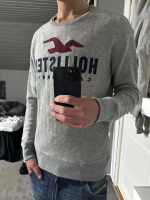 Hollister tröja - Säljer en grå sweatshirt från Hollister med stor röd logga och mörkblå text på bröstet. Tröjan har rund halsringning, långa ärmar och ribbade muddar. Perfekt för en avslappnad och stilren look.