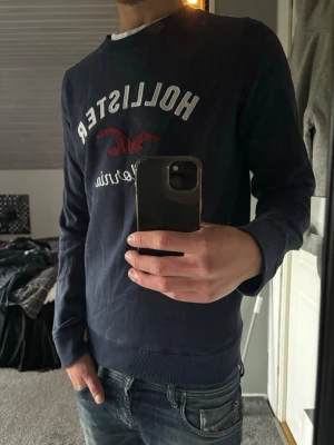 Hollister sweatshirt  - Mörkblå sweatshirt från Hollister med broderad logga och texten 'California' på bröstet. Tröjan har rund halsringning, ribbade muddar och en röd broderad fågel. Perfekt för en avslappnad och stilren look. Storlek M men sitter som S