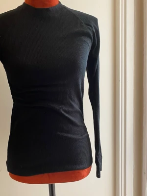 Svart ribbad långärmadunderställs tröja 170 - Svart långärmad underställs tröja med ribbad struktur och rund halsringning. Tröjan har en figurnära passform och långa ärmar. Längd: 64 cm Bystvidd: 35 cm  Inga bilder på mig! Katter finns i hemmet!