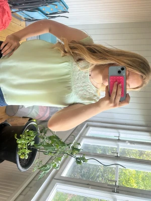 Ljusgrön blus med spetsdetaljer - Säljer en ljusgrön blus med v-ringning och fina spetsdetaljer upptill och längs sidorna. Blusen är ärmlös och har ett luftigt, flowy material som känns perfekt för varmare dagar. Enkel att styla till både jeans och kjol.