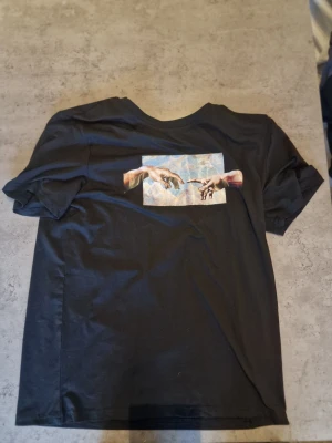 Svart t-shirt med konstmotiv - Svart t-shirt med tryck av Michelangelos berömda handmotiv på bröstet. Klassisk passform och rund halsringning. Perfekt för dig som gillar konst och vill ha en stilren men ändå uttrycksfull look. Fett grisch