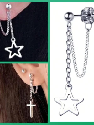 By prisförslag- 2 st Silvriga örhängen med kedja och stjärna och kors  - 2 Snygga silvriga örhängen med kedja och hängande stjärna i metall. Ena örhänget har en öppen stjärnformad berlock, det andra har ett kors. Modern design med minimalistisk känsla och cool detalj med dubbla kedjor.