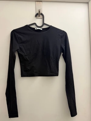 Svart croppad långärmad topp - En stilren svart croppad topp med långa ärmar och rund hals. Perfekt att matcha med höga jeans eller kjol för en trendig look. Enkel design utan synliga detaljer eller mönster.