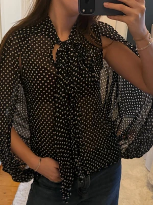 Svart prickig blus med knytband - Säljer denna slutsålda Zara blusen, svart transparent blus med vita prickar och stora, fladdriga ärmar. Blusen har ett snyggt knytband vid halsen och är gjord i ett tunt, luftigt material sopass att den känns riktigt trendig och cool. 