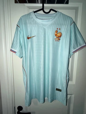 Ljusblå Frankrike Nike matchtröja - Säljer en ljusblå matchtröja från Nike för Frankrikes landslag. Tröjan har guldiga detaljer, FFF-logga med tupp och två stjärnor på bröstet samt Nike-logga. Ärmarna har ränder i blått, vitt och rött. Perfekt för fotboll och sport.