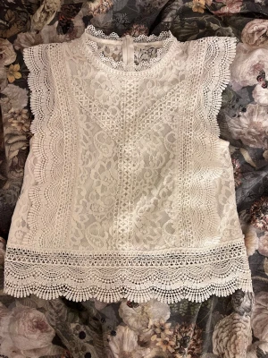Vit spetsblus från ONLY - Superfin vit spetsblus från ONLY med detaljerad spets runt kanterna. Blusen har korta ärmar och dragkedja bak. Perfekt för dig som gillar romantisk och perfekt till sommaren❤️