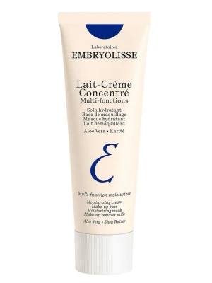 Embryolisse Lait-Crème Concentré 75ml - En multifunktionell ansiktskräm från Embryolisse i en vit tub med blå detaljer. Innehåller aloe vera och sheasmör och kan användas som fuktkräm, primer, ansiktsmask eller sminkborttagning. Perfekt för dig som vill ha en allround-produkt i din hudvårdsrutin. Använd 3 gånger 