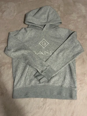 Grå hoodie från GANT med logga - Säljer en stilren grå hoodie från GANT med stor vit logga och G-symbol på bröstet. Hoodien har huva och en klassisk magficka. Tillverkad i mjukt sweatshirtmaterial som är perfekt för chill dagar. Passar dig som gillar enkel och snygg streetwear.
