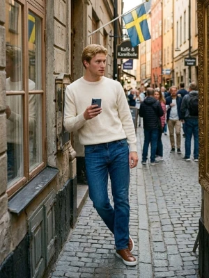 Blå raka jeans i klassisk modell - Säljer ett par blå jeans i klassisk rak modell med fem fickor och normalhög midja. Jeansen har en tidlös tvätt och är tillverkade i denim, perfekt för dig som gillar en enkel och stilren look.