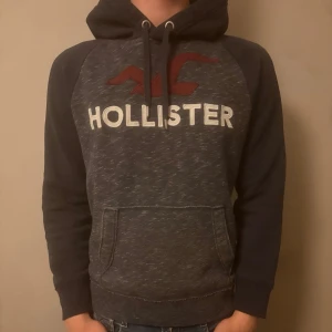 Blå hoodie från Hollister med logga - Mörkblå hoodie från Hollister med stor vit logga och röd fågel på bröstet. Tröjan har huva med dragsko, raglanärmar och en stor magficka. Tillverkad i mjukt bomullsmaterial för en avslappnad look.