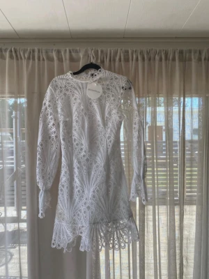 Vit spetsklänning från Bohoo - Säljer en vit kort klänning från Boohoo med vackra spetsdetaljer och långärmad design. Klänningen har rund hals, figurnära passform och volangkant nedtill. Perfekt för sommarens alla tillfällen!