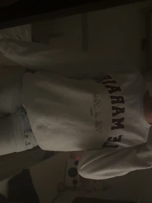 Grå sweatshirt med tryck - Snygg grå sweatshirt med texten 'LE MARAIS' i vinrött tryck över bröstet. Tröjan har rund halsringning och långa ärmar, perfekt för en avslappnad och trendig stil.