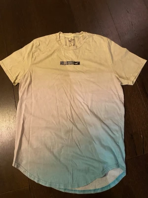 Beige-blå t-shirt från Hollister - Säljer en snygg t-shirt från Hollister med beige till ljusblå ombre-effekt. T-shirten har rund hals, korta ärmar och en liten Hollister-logga på bröstet. Tillverkad i mjuk bomull för skön känsla och avslappnad passform.